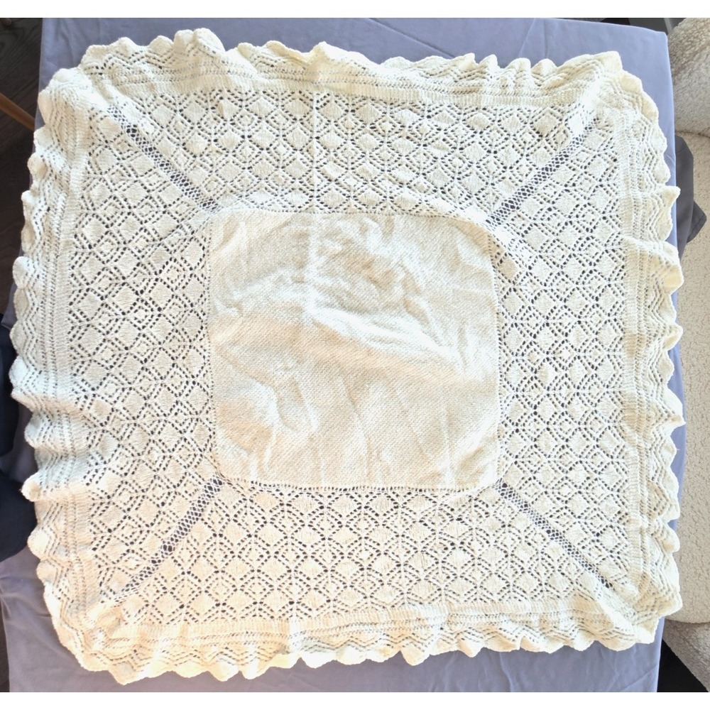 Vtg Ivory Knit Throw Blanket Lace Mesh Scalloped Edges Floral Granny Boho Cottag